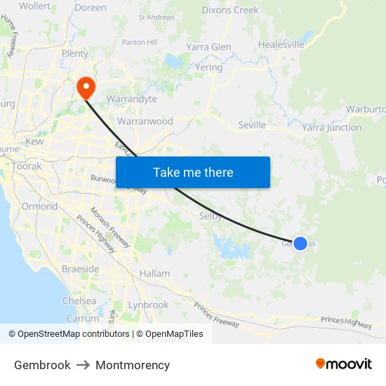 Gembrook to Montmorency map