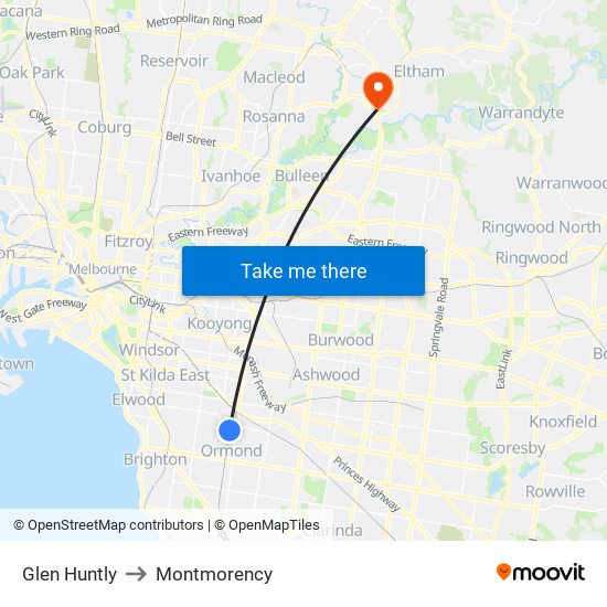 Glen Huntly to Montmorency map