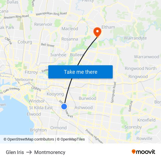 Glen Iris to Montmorency map