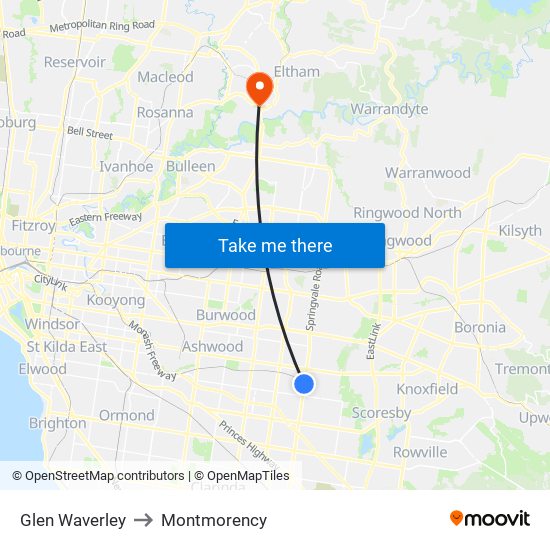 Glen Waverley to Montmorency map