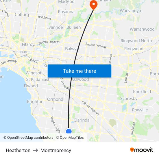 Heatherton to Montmorency map