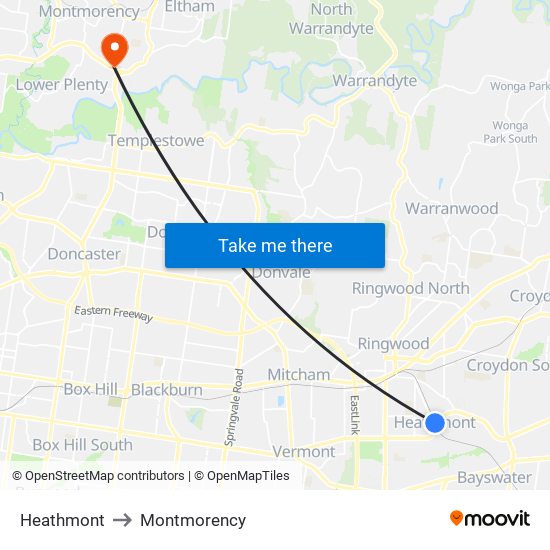 Heathmont to Montmorency map