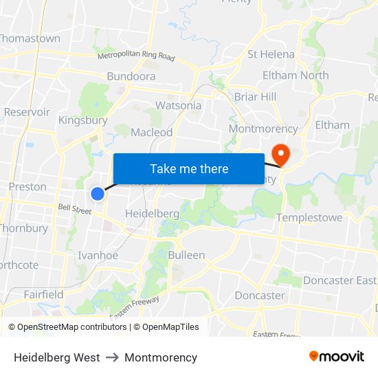 Heidelberg West to Montmorency map