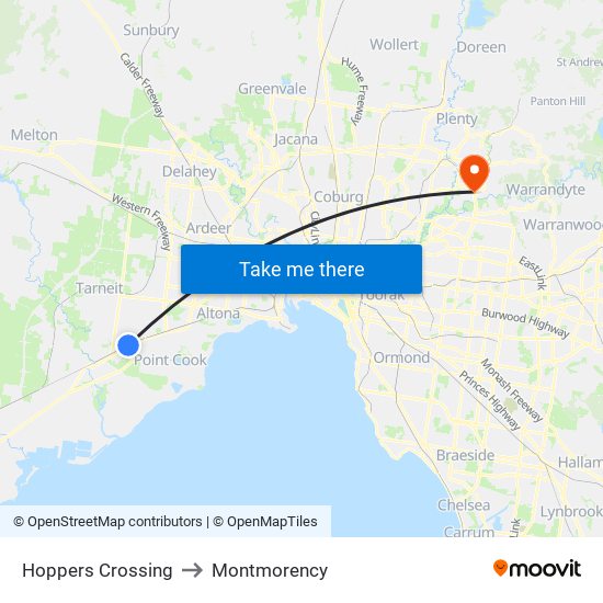 Hoppers Crossing to Montmorency map