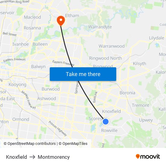 Knoxfield to Montmorency map