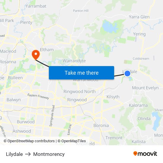 Lilydale to Montmorency map