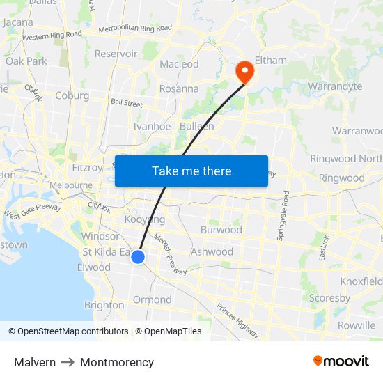 Malvern to Montmorency map