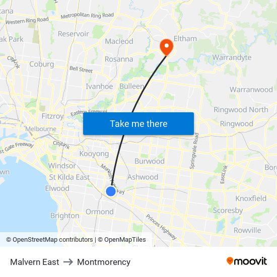 Malvern East to Montmorency map