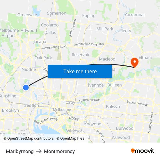 Maribyrnong to Montmorency map