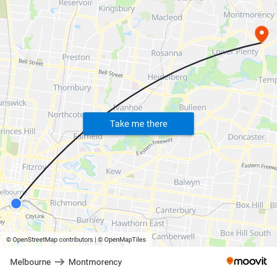 Melbourne to Montmorency map