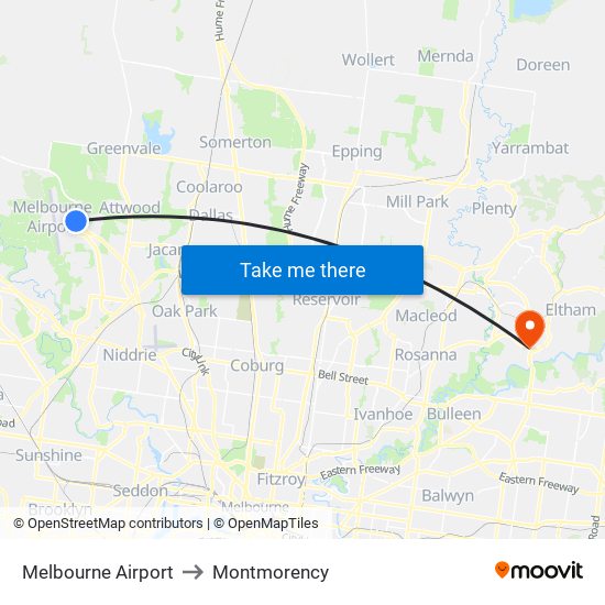Melbourne Airport to Montmorency map