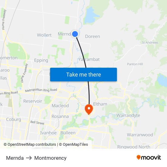 Mernda to Montmorency map