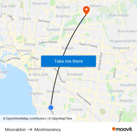Moorabbin to Montmorency map