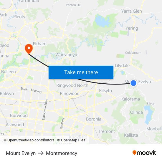 Mount Evelyn to Montmorency map