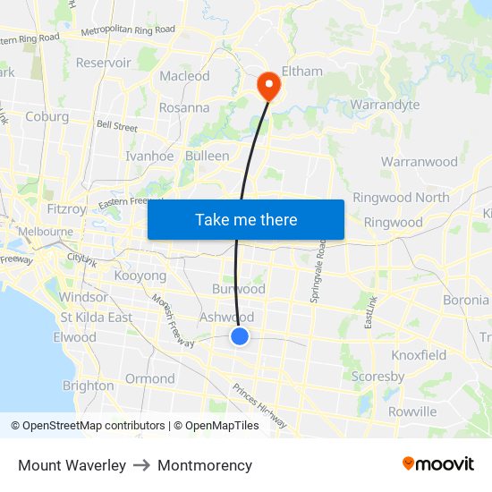 Mount Waverley to Montmorency map