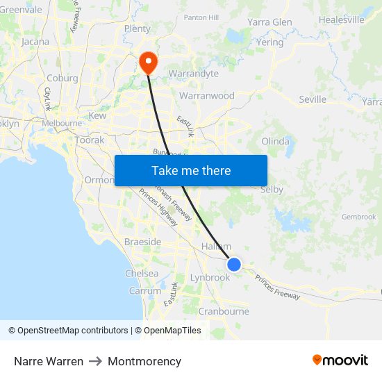 Narre Warren to Montmorency map