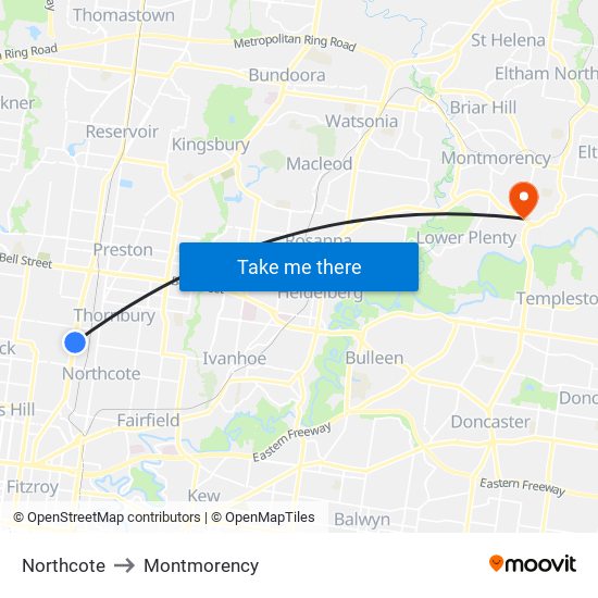 Northcote to Montmorency map