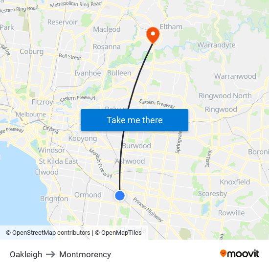 Oakleigh to Montmorency map