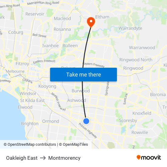 Oakleigh East to Montmorency map