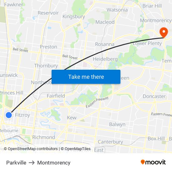 Parkville to Montmorency map