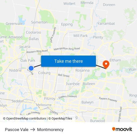 Pascoe Vale to Montmorency map