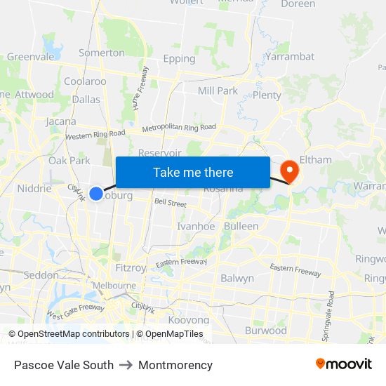 Pascoe Vale South to Montmorency map