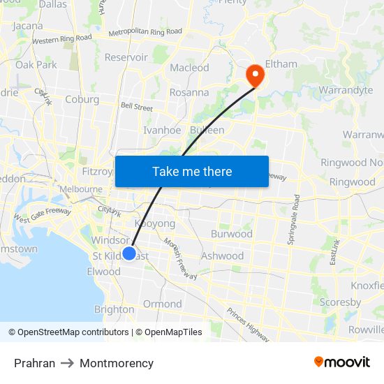 Prahran to Montmorency map