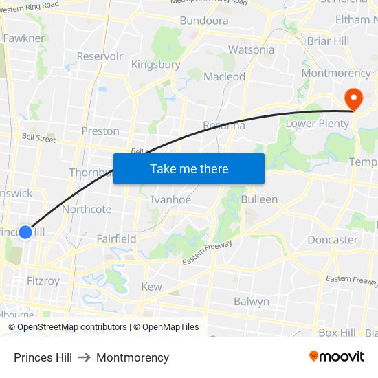 Princes Hill to Montmorency map