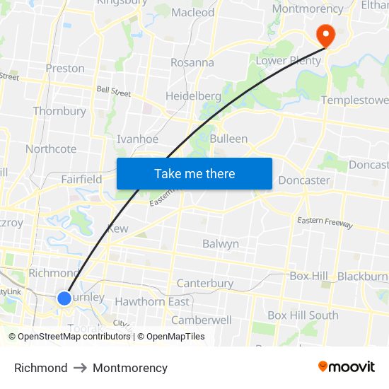 Richmond to Montmorency map