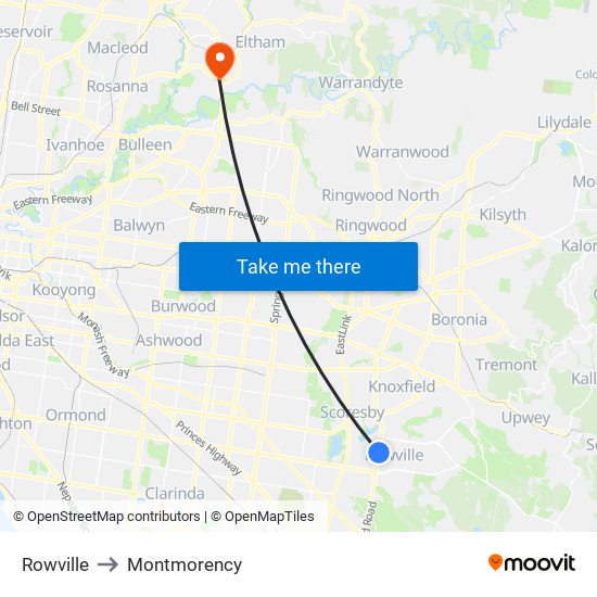 Rowville to Montmorency map