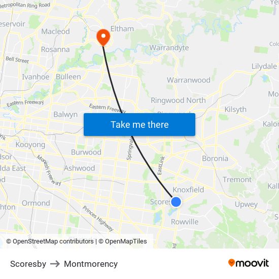 Scoresby to Montmorency map