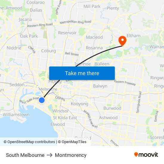 South Melbourne to Montmorency map
