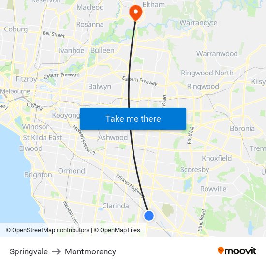 Springvale to Montmorency map