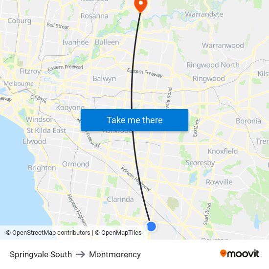 Springvale South to Montmorency map