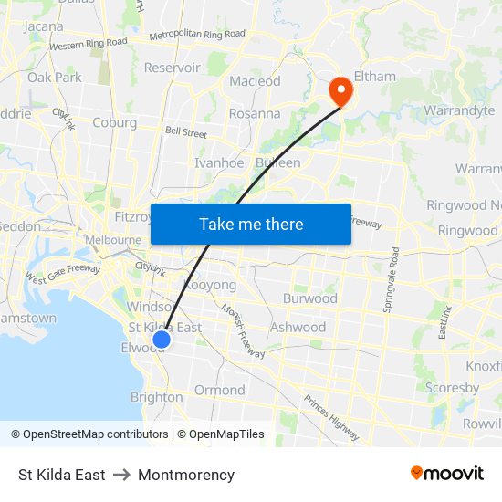 St Kilda East to Montmorency map