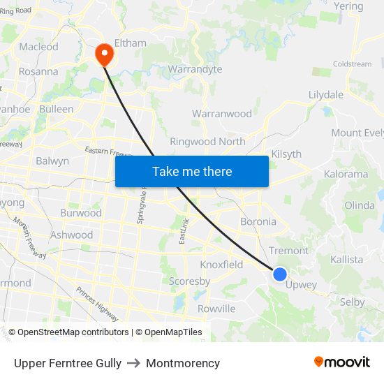 Upper Ferntree Gully to Montmorency map