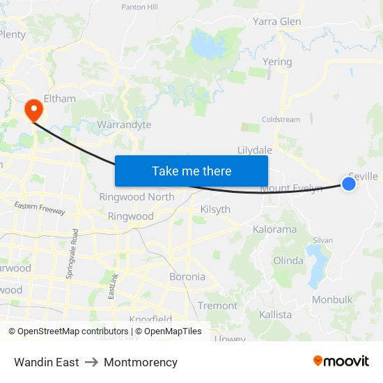 Wandin East to Montmorency map