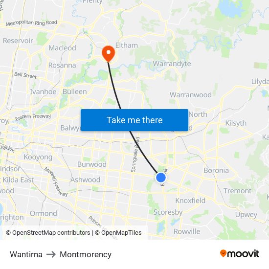 Wantirna to Montmorency map