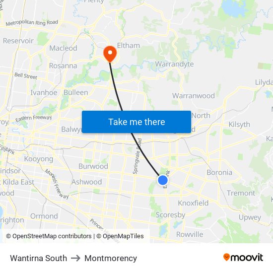 Wantirna South to Montmorency map