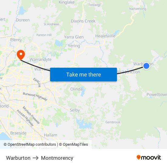 Warburton to Montmorency map