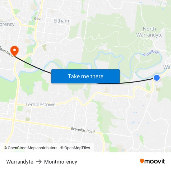 Warrandyte to Montmorency map