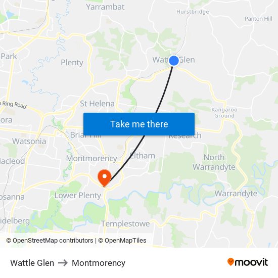 Wattle Glen to Montmorency map