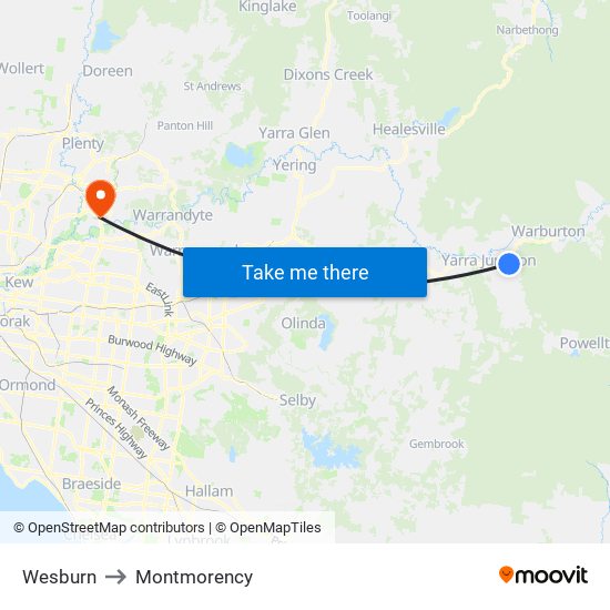 Wesburn to Montmorency map