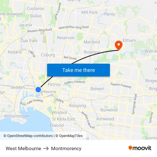 West Melbourne to Montmorency map