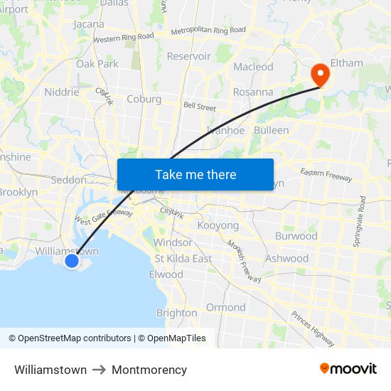 Williamstown to Montmorency map