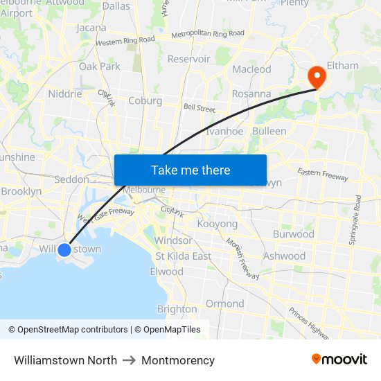 Williamstown North to Montmorency map