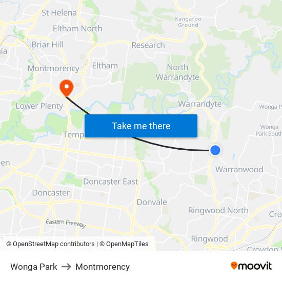 Wonga Park to Montmorency map