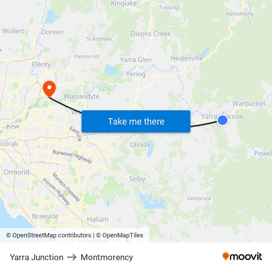 Yarra Junction to Montmorency map