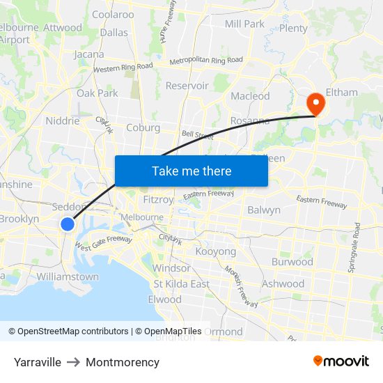 Yarraville to Montmorency map