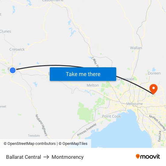 Ballarat Central to Montmorency map